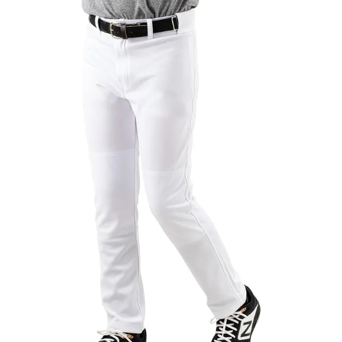 Front view of ProFlex RelaxFit white baseball pants with black waistband and blue belt.