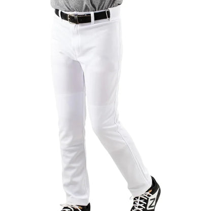 Front view of ProFlex RelaxFit white baseball pants with black waistband and blue belt.