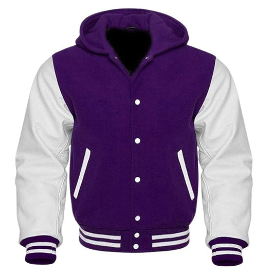 Purple and White Varsity Hoodie with Leather Sleeves