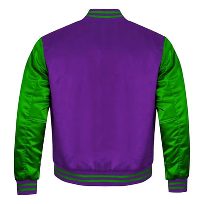 Purple and Green Satin Varsity Jacket Back Side