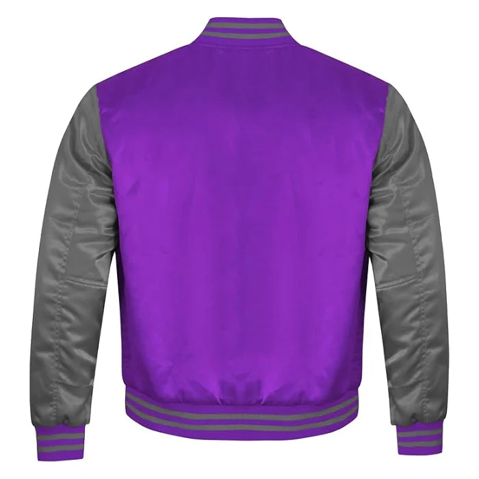 Purple and Grey Satin Varsity Jacket Back Side
