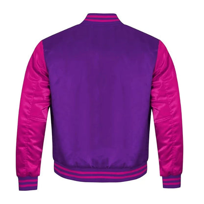Purple and Hot Pink Satin Varsity Jacket Back Side
