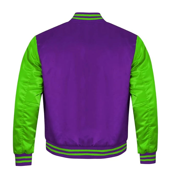 Purple and Kelly Green Satin Varsity Jacket Back Side