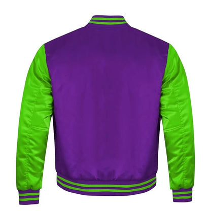Purple and Kelly Green Satin Varsity Jacket Back Side