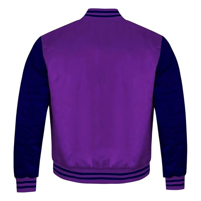 Purple and Navy Blue Satin Varsity Jacket Back Side