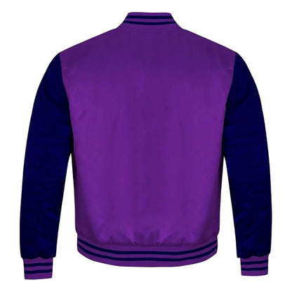 Purple and Navy Blue Satin Varsity Jacket Back Side