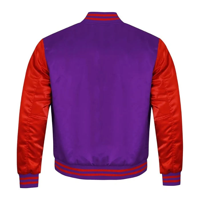 Purple and Red Satin Varsity Jacket Back Side