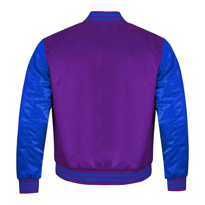 Purple and Royal Blue Satin Varsity Jacket Back Side