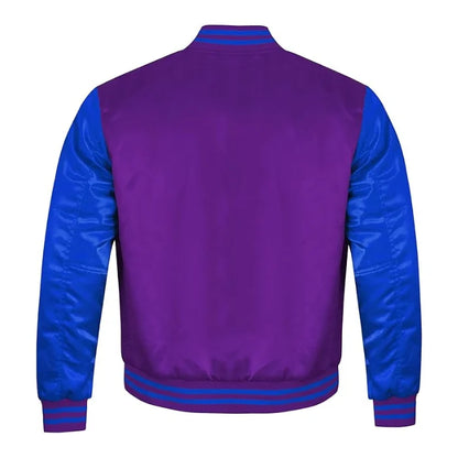 Purple and Royal Blue Satin Varsity Jacket Back Side