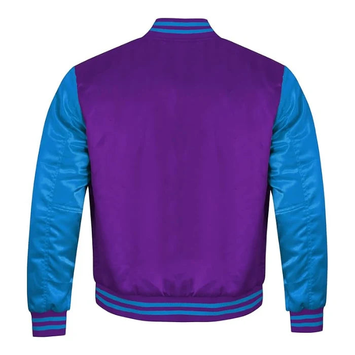 Purple and Sky Blue Satin Varsity Jacket Back Side