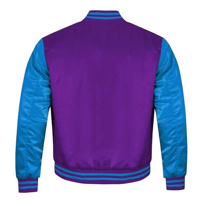 Purple and Sky Blue Satin Varsity Jacket Back Side