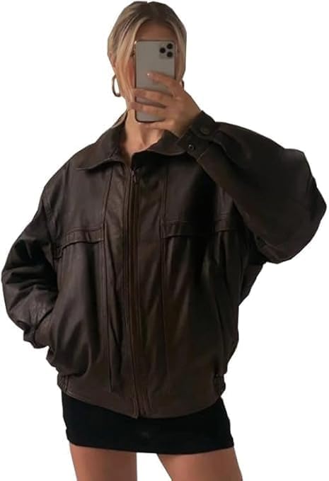 Ravenne 90s Oversized Leather Bomber Jacket (Dark Brown)