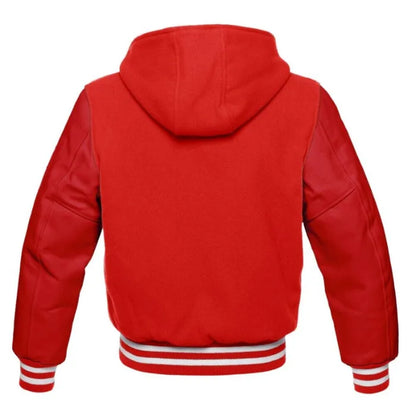 Red hooded jacket with white stripes on cuffs and hem against a white background