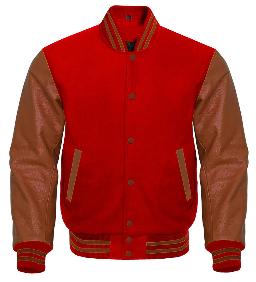 Red Varsity Jacket With Brown Sleeves