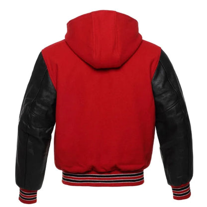 Red and Black Varsity Jacket with Hood Back Side