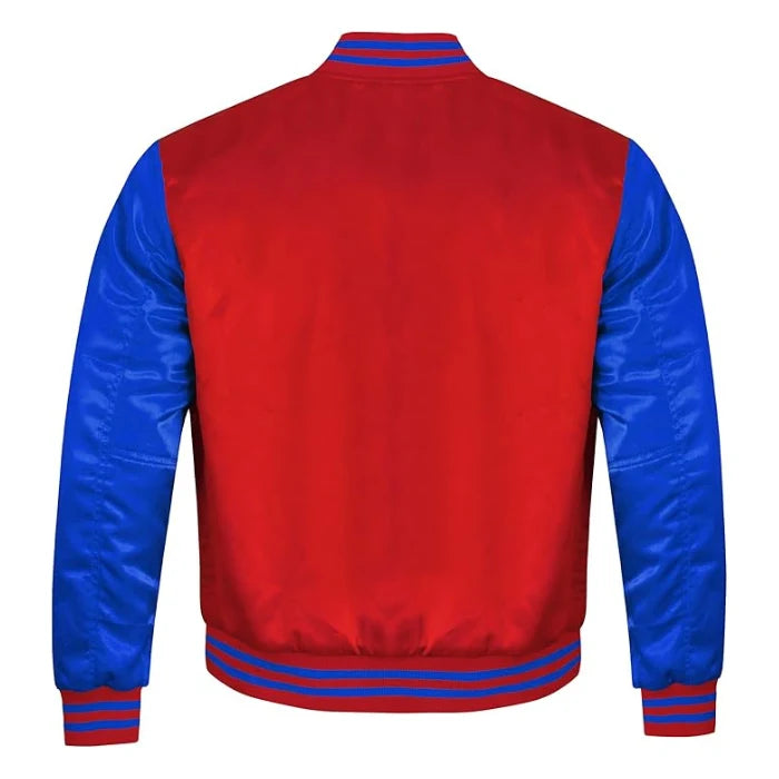 Red and Royal Blue Satin Varsity Jacket Back Side