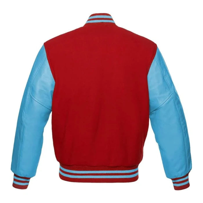 Red and Sky Blue Varsity Jacket Back Side