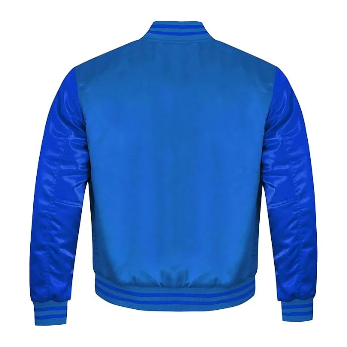 Royal Blue Satin Varsity Jacket Back Side