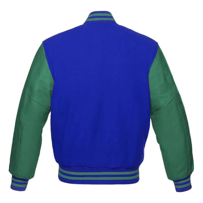 Royal Blue and Green Varsity Jacket Back Side