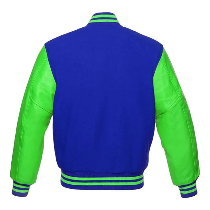 Royal Blue and Kelly Green Varsity Jacket Back Side
