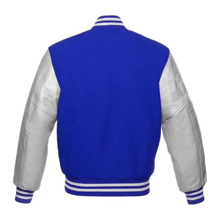 Royal Blue and Silver Varsity Jacket Back Side