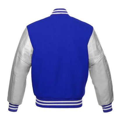 Royal Blue and Silver Varsity Jacket Back Side