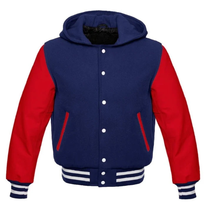 Blue and red jacket with a hood on a white background