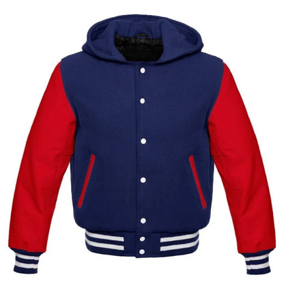 Blue and red jacket with a hood on a white background