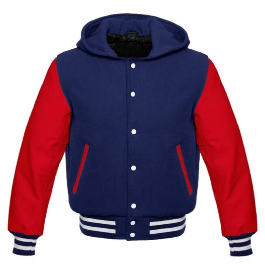 Blue and red jacket with a hood on a white background