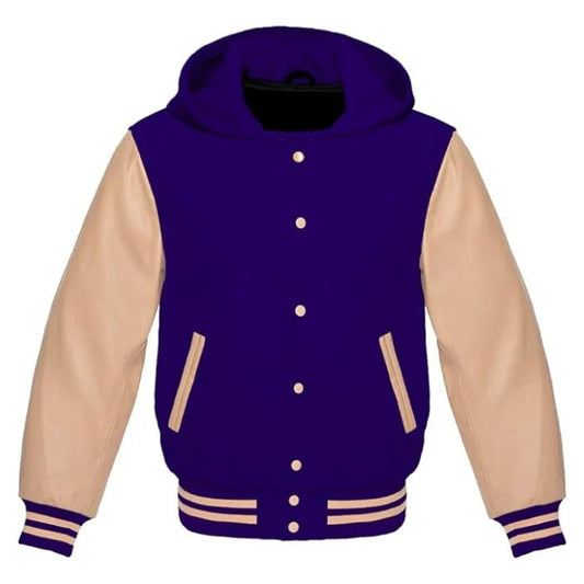Purple and beige varsity jacket with a hood on a white background