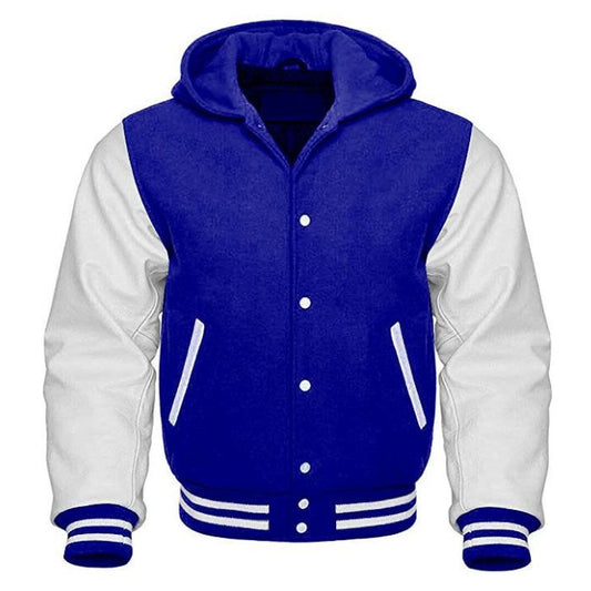 Royal Blue and White Hooded Varsity Jacket