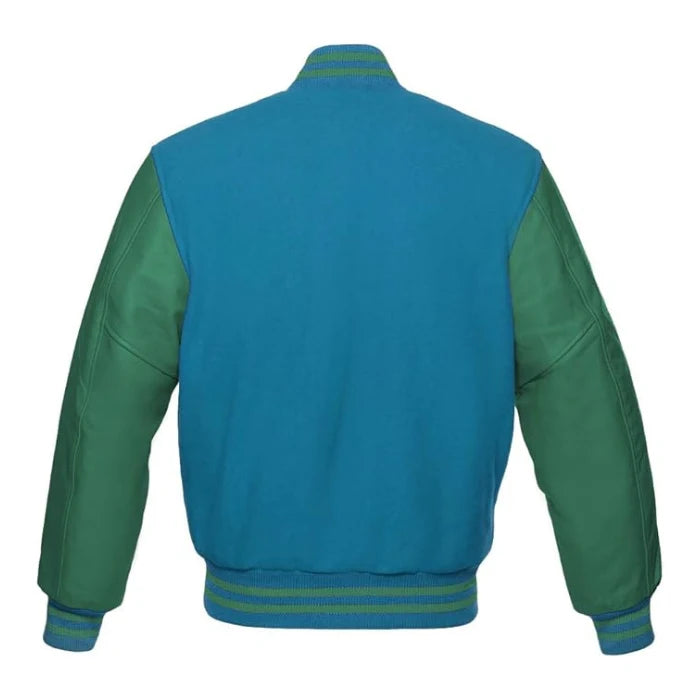Sky Blue and Green Varsity Jacket Back Side