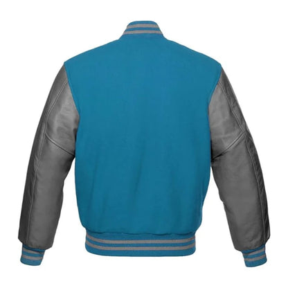 Sky Blue and Grey Varsity Jacket Back Side
