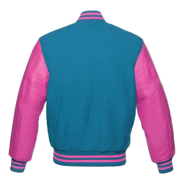 Sky Blue and Hot Pink Varsity Jacket Back Side