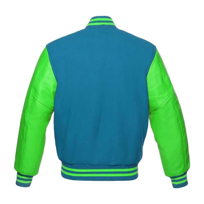 Sky Blue and Kelly Green Varsity Jacket Back Side