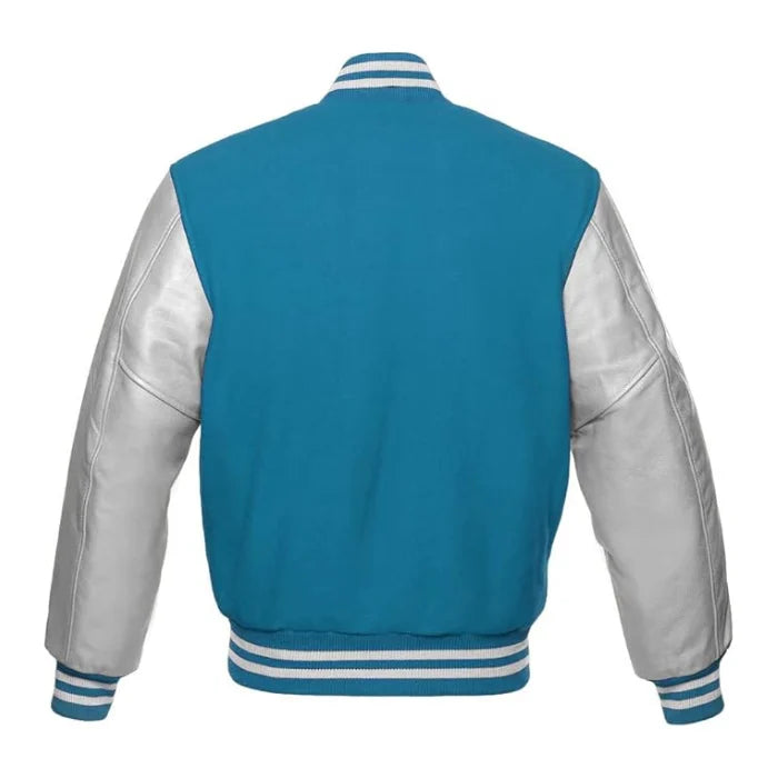 Sky Blue and Silver Varsity Jacket Back Side