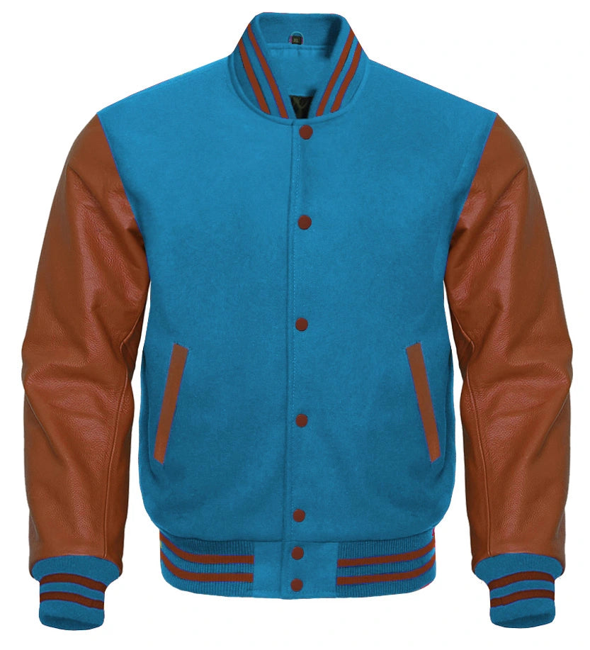 Sky Blue Varsity Jacket with Brown Sleeves