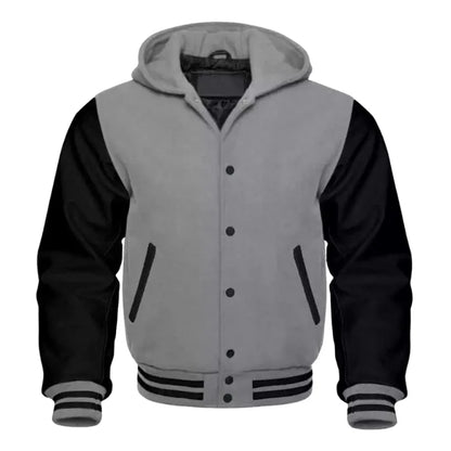 Gray and black varsity jacket with a hood on a white background