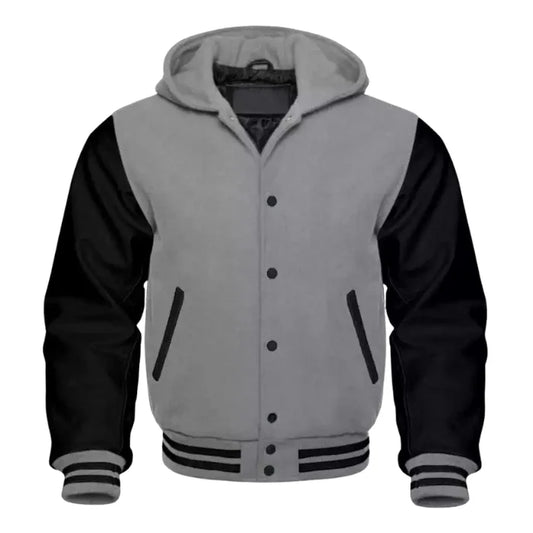 Gray and black varsity jacket with a hood on a white background