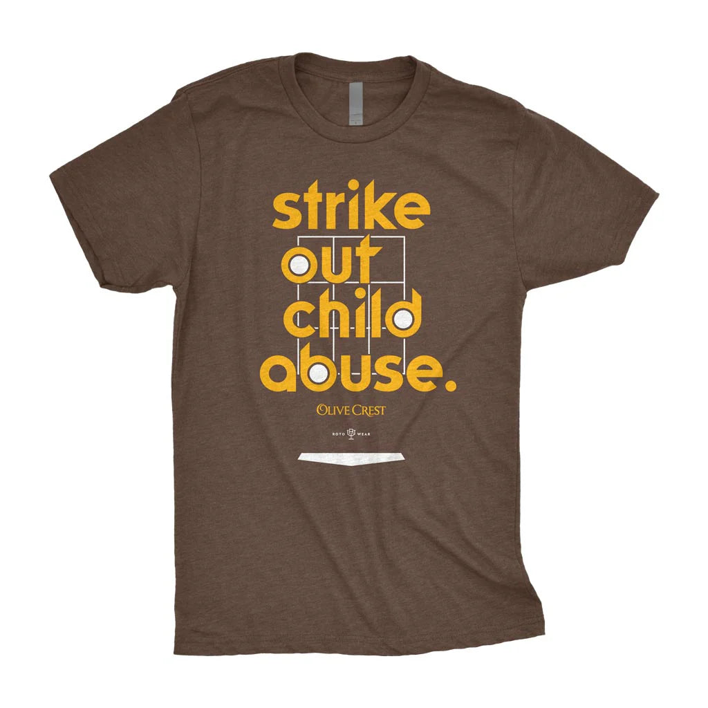 Brown Strike Out Abuse t-shirt with yellow anti-child abuse message