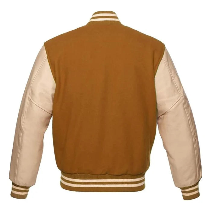 Tan Brown and Cream Varsity Jacket Back Side