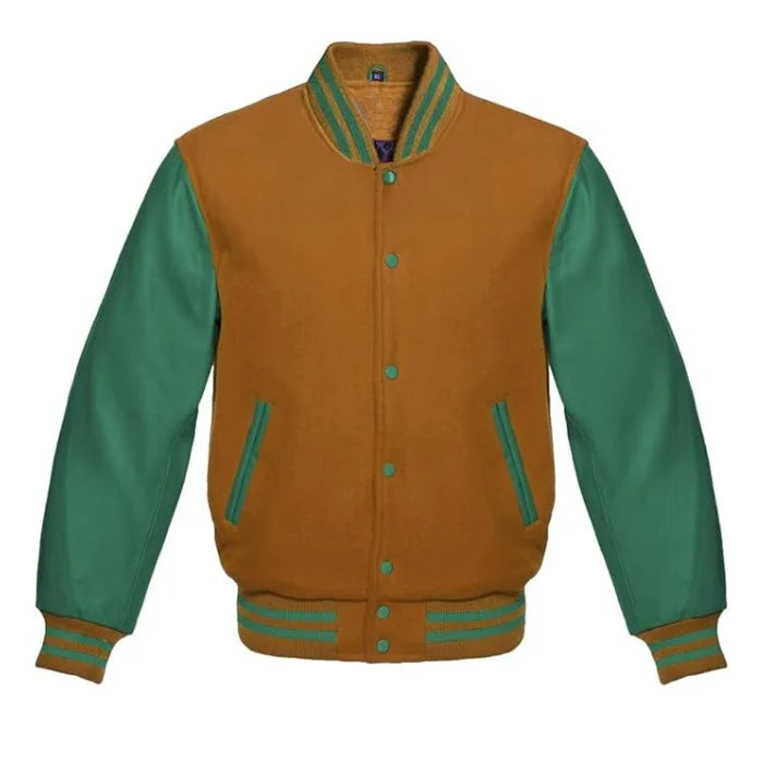 Tan Brown and Green Varsity Jacket