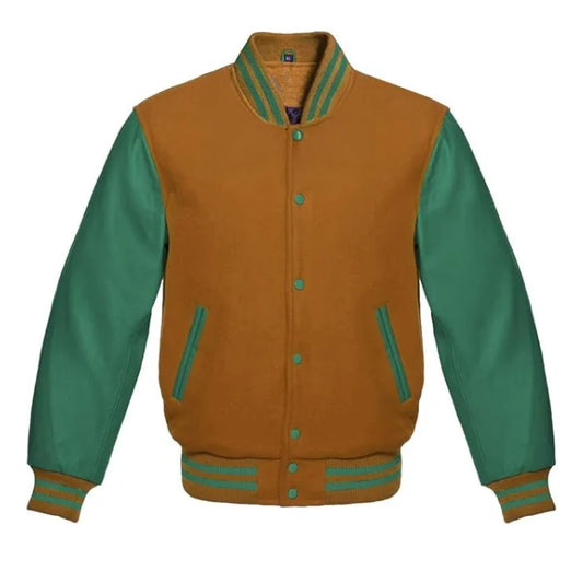 Tan Brown and Green Varsity Jacket