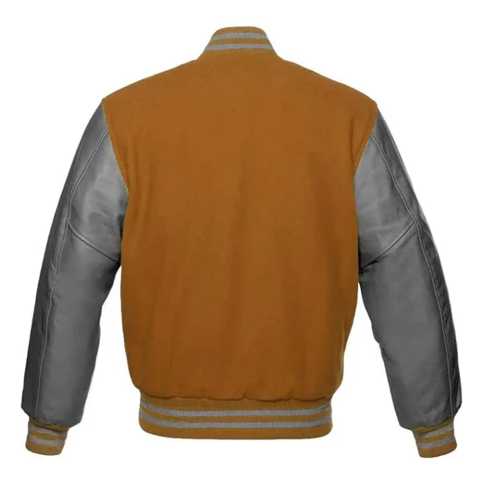 Tan Brown and Grey Varsity Jacket Back Side