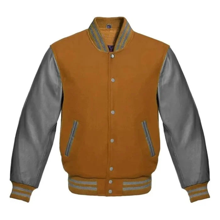 Tan Brown and Grey Varsity Jacket