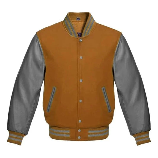Tan Brown and Grey Varsity Jacket
