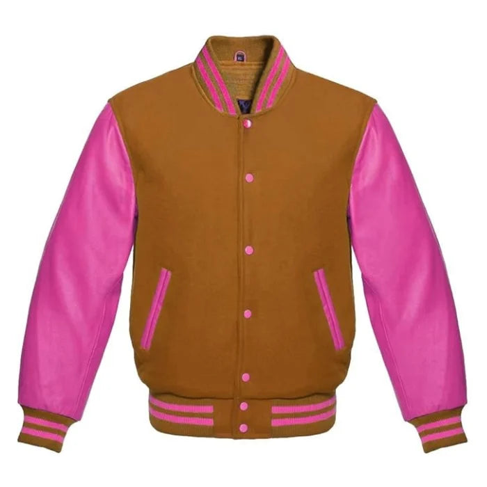 Tan Brown and Hot Pink Varsity Jacket