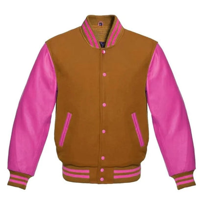 Tan Brown and Hot Pink Varsity Jacket