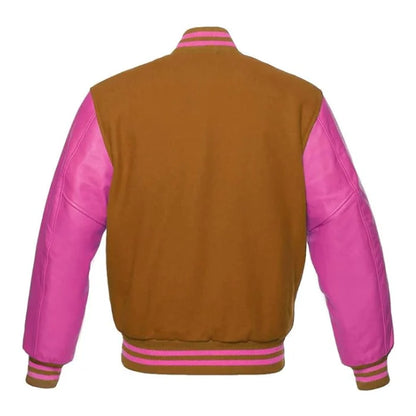 Tan Brown and Hot Pink Varsity Jacket Back Side