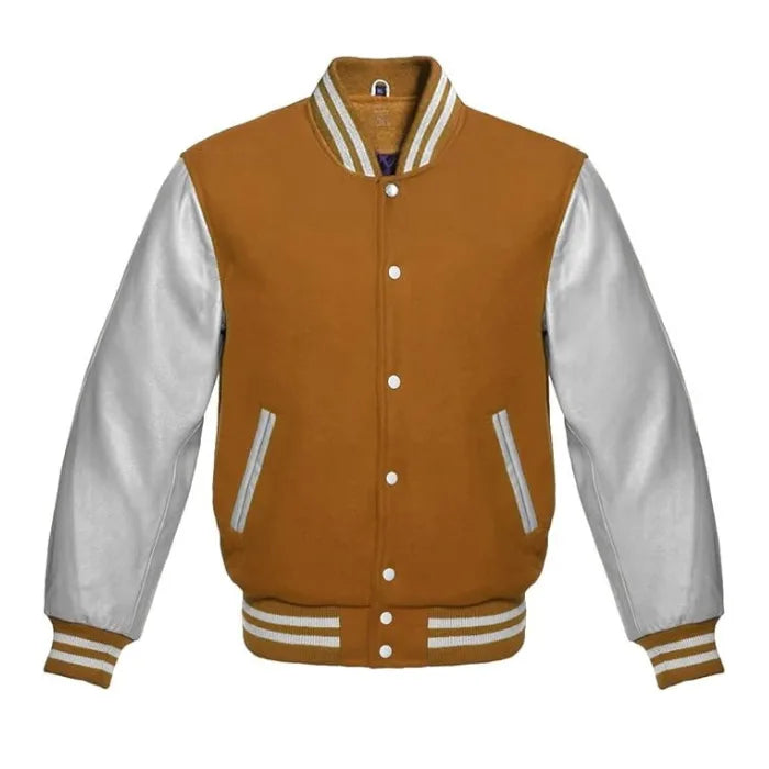 Tan Brown and Silver Varsity Jacket